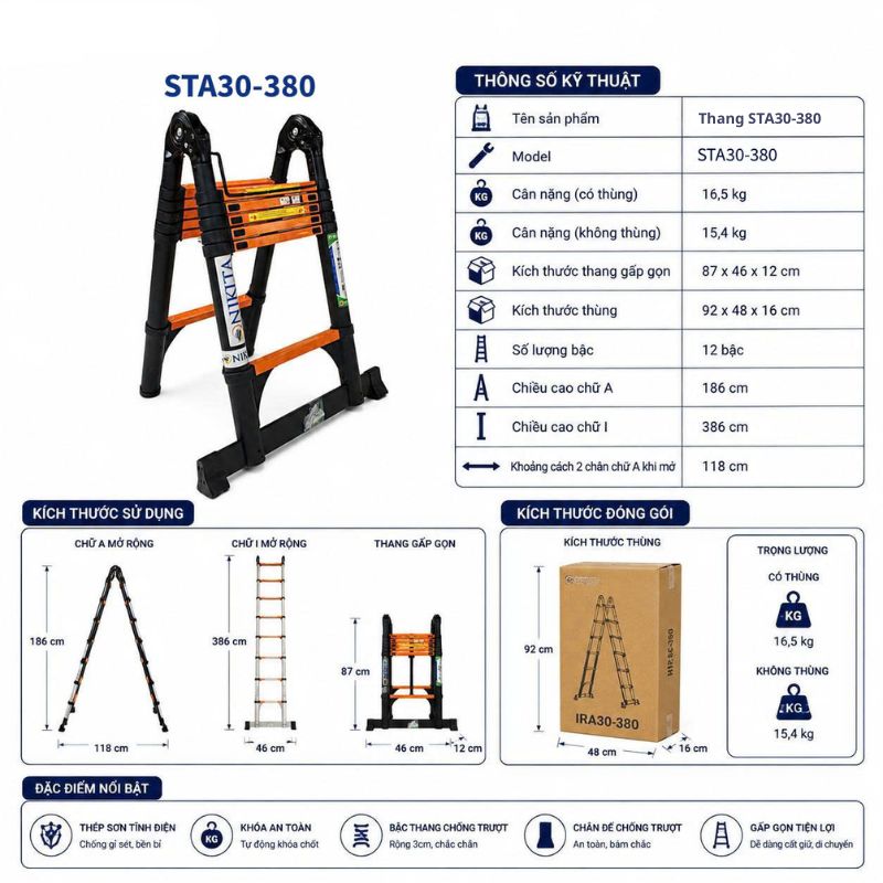Thang Rút Đôi Thép Carbon Chống Gỉ, Chịu Lực Tốt NIKITA STA30-380